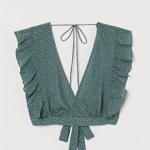 H&M Green Polka Dot Patterned Beach Ruffle Tie Top